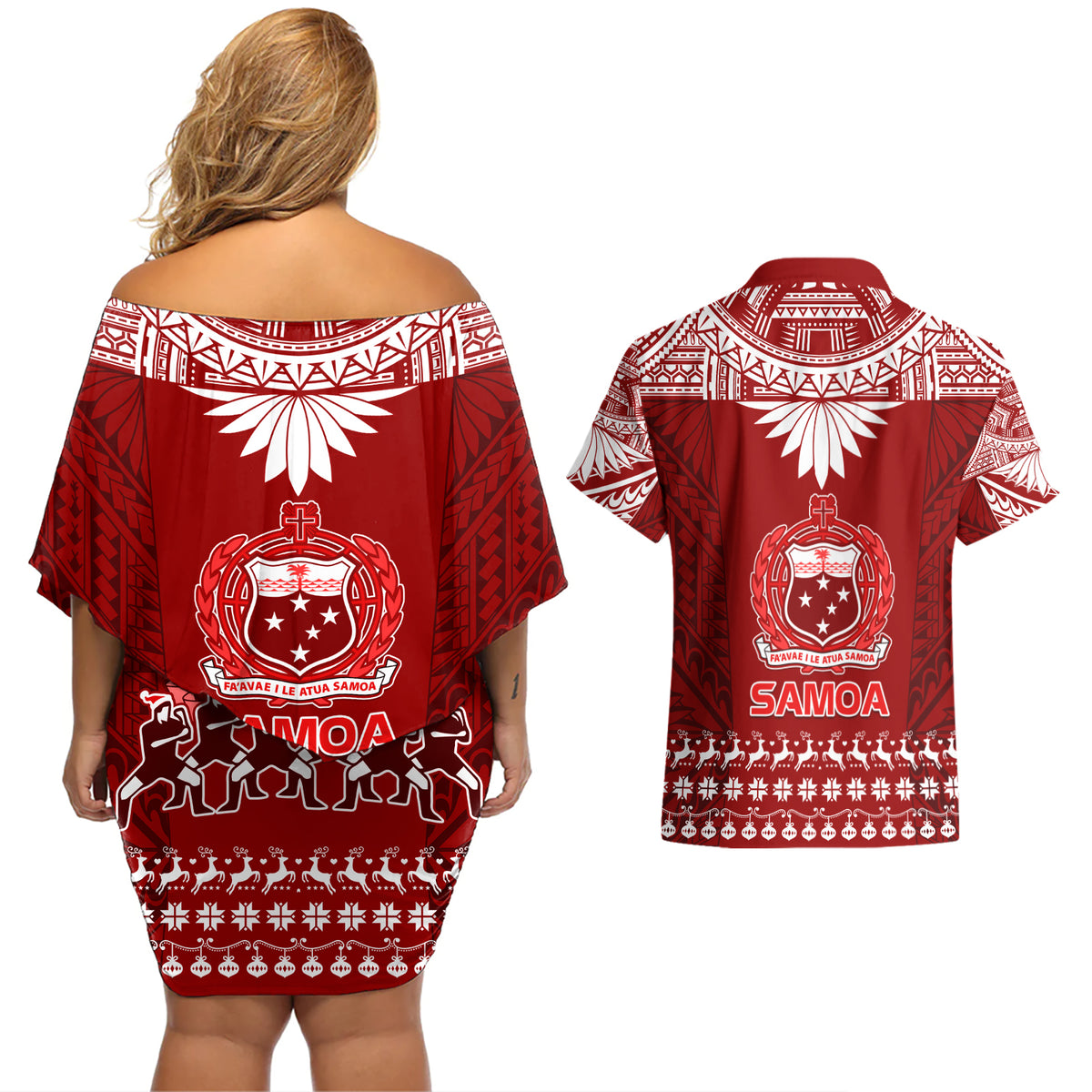 Toa Samoa Christmas Couples Matching Off Shoulder Short Dress and Hawaiian Shirt Samoa Siva Tau Manuia Le Kerisimasi Red Vibe LT9 - Polynesian Pride