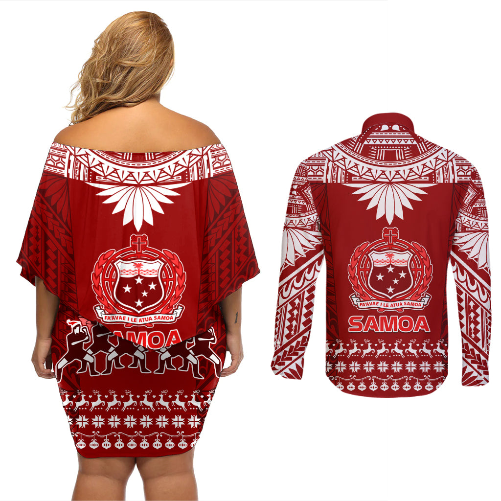 Toa Samoa Christmas Couples Matching Off Shoulder Short Dress and Long Sleeve Button Shirt Samoa Siva Tau Manuia Le Kerisimasi Red Vibe LT9 - Polynesian Pride