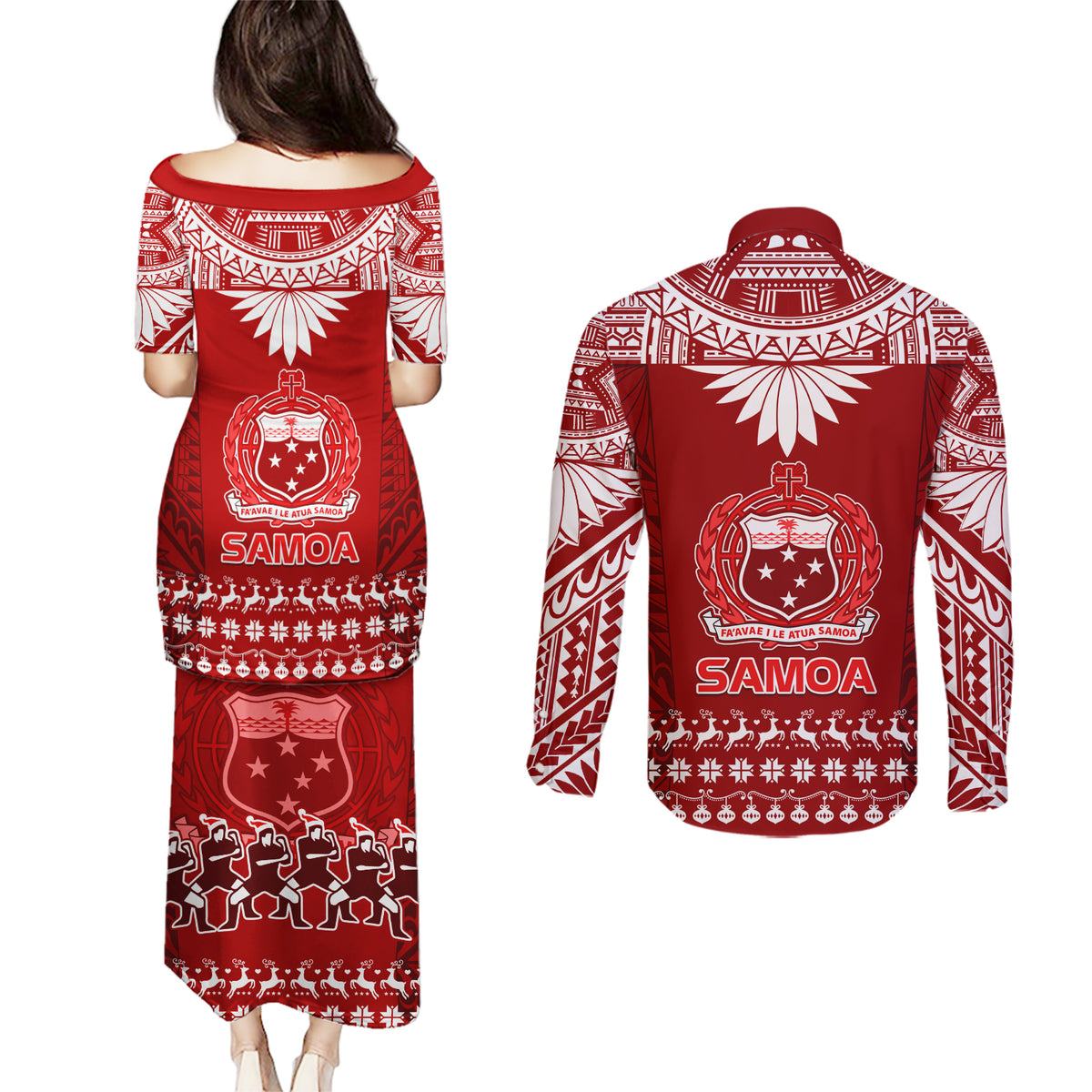 Toa Samoa Christmas Couples Matching Puletasi Dress and Long Sleeve Button Shirt Samoa Siva Tau Manuia Le Kerisimasi Red Vibe LT9 - Polynesian Pride