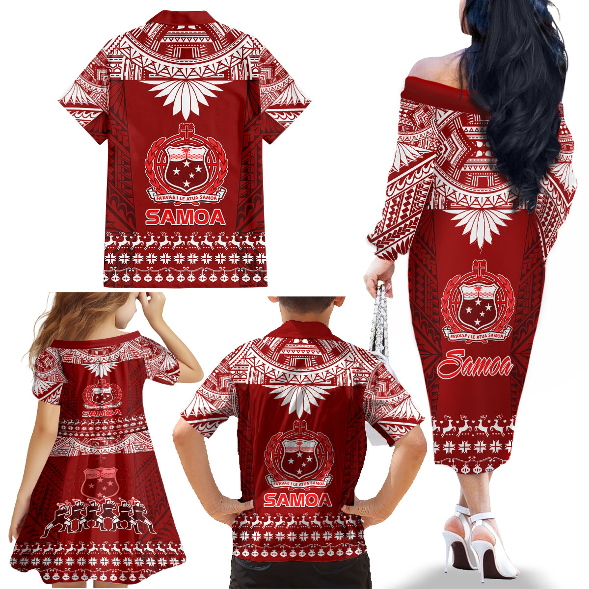 Toa Samoa Christmas Family Matching Off Shoulder Long Sleeve Dress and Hawaiian Shirt Samoa Siva Tau Manuia Le Kerisimasi Red Vibe LT9 - Polynesian Pride