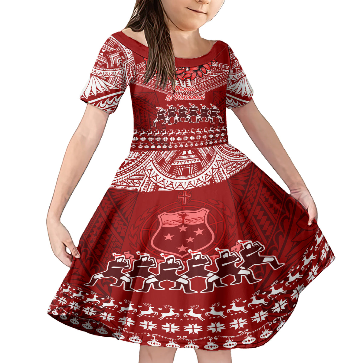 Toa Samoa Christmas Family Matching Short Sleeve Bodycon Dress and Hawaiian Shirt Samoa Siva Tau Manuia Le Kerisimasi Red Vibe LT9 Daughter's Dress Red - Polynesian Pride