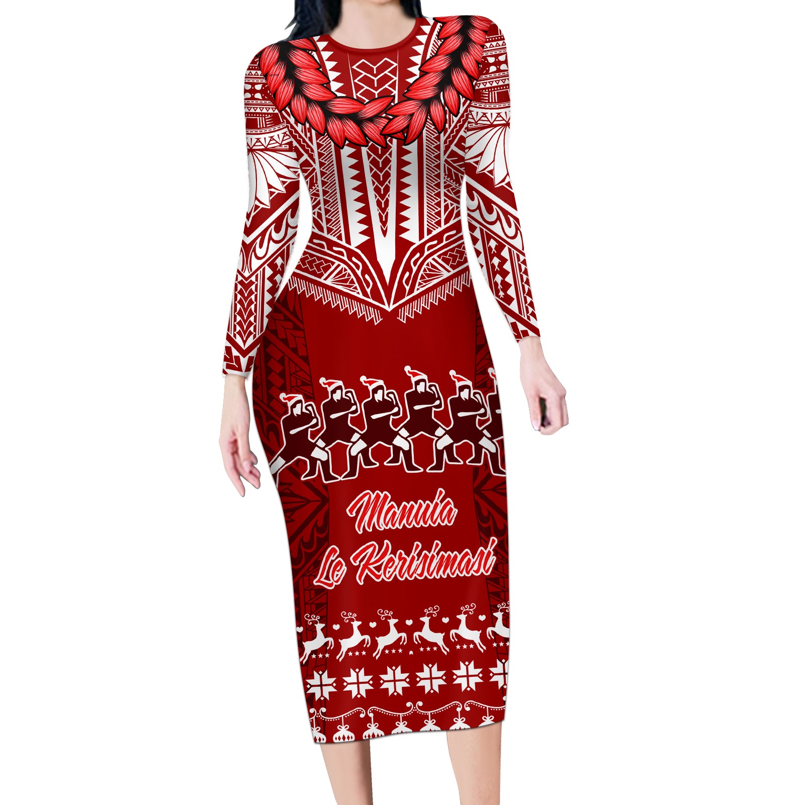 Toa Samoa Christmas Long Sleeve Bodycon Dress Samoa Siva Tau Manuia Le Kerisimasi Red Vibe LT9 Long Dress Red - Polynesian Pride