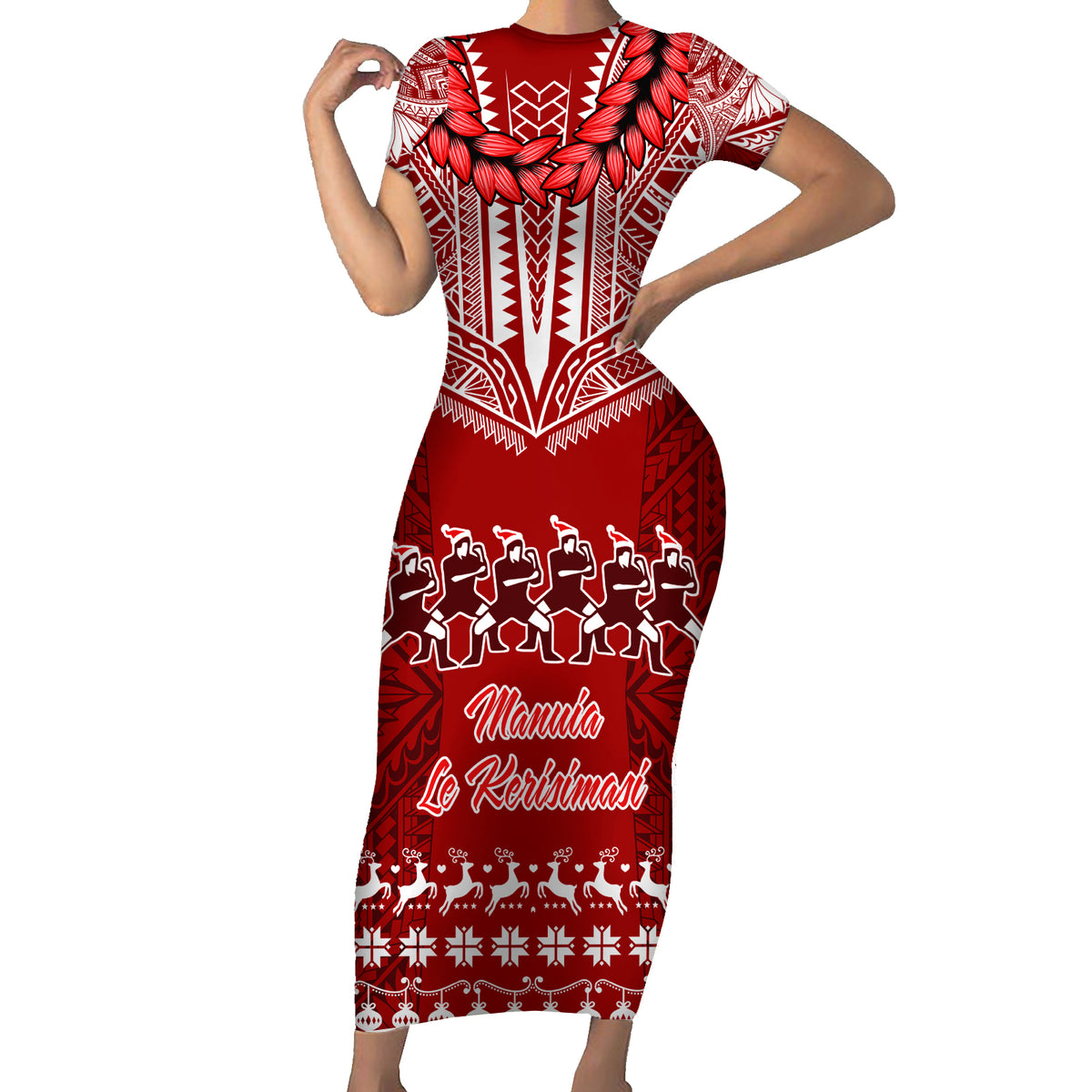 Toa Samoa Christmas Short Sleeve Bodycon Dress Samoa Siva Tau Manuia Le Kerisimasi Red Vibe LT9 Long Dress Red - Polynesian Pride