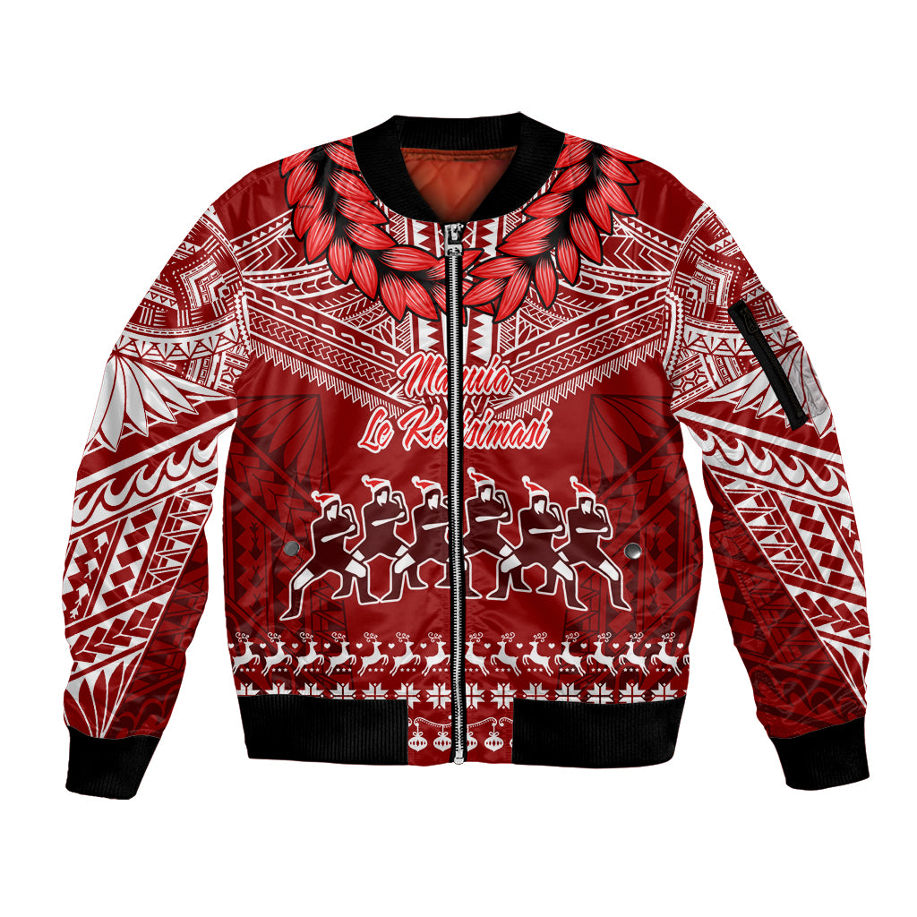 Toa Samoa Christmas Sleeve Zip Bomber Jacket Samoa Siva Tau Manuia Le Kerisimasi Red Vibe LT9 Unisex Red - Polynesian Pride