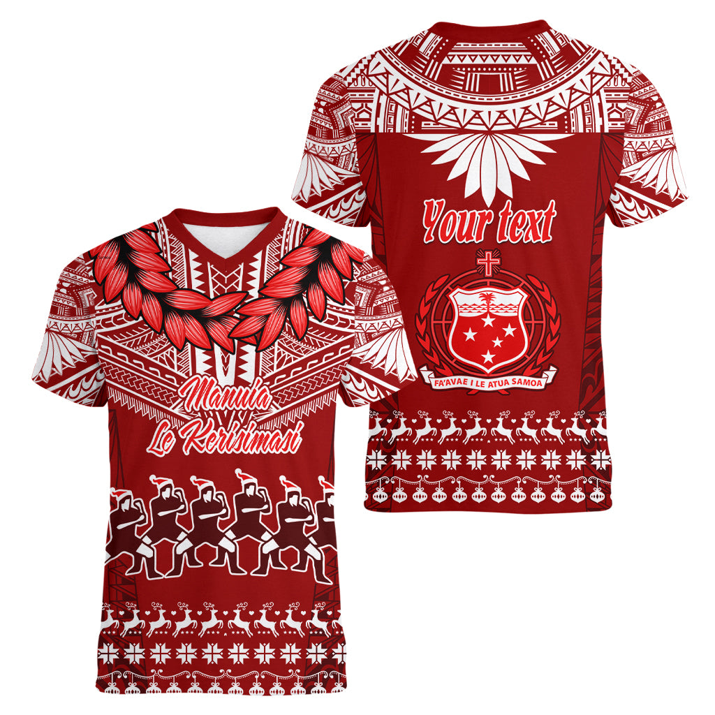 Personalised Toa Samoa Christmas Women V Neck T Shirt Samoa Siva Tau Manuia Le Kerisimasi Red Vibe LT9 - Polynesian Pride