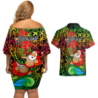 Personalised Vanuatu Joyeux Noel Couples Matching Off Shoulder Short Dress and Hawaiian Shirt Christmas Santas God Yumi LT9 - Polynesian Pride