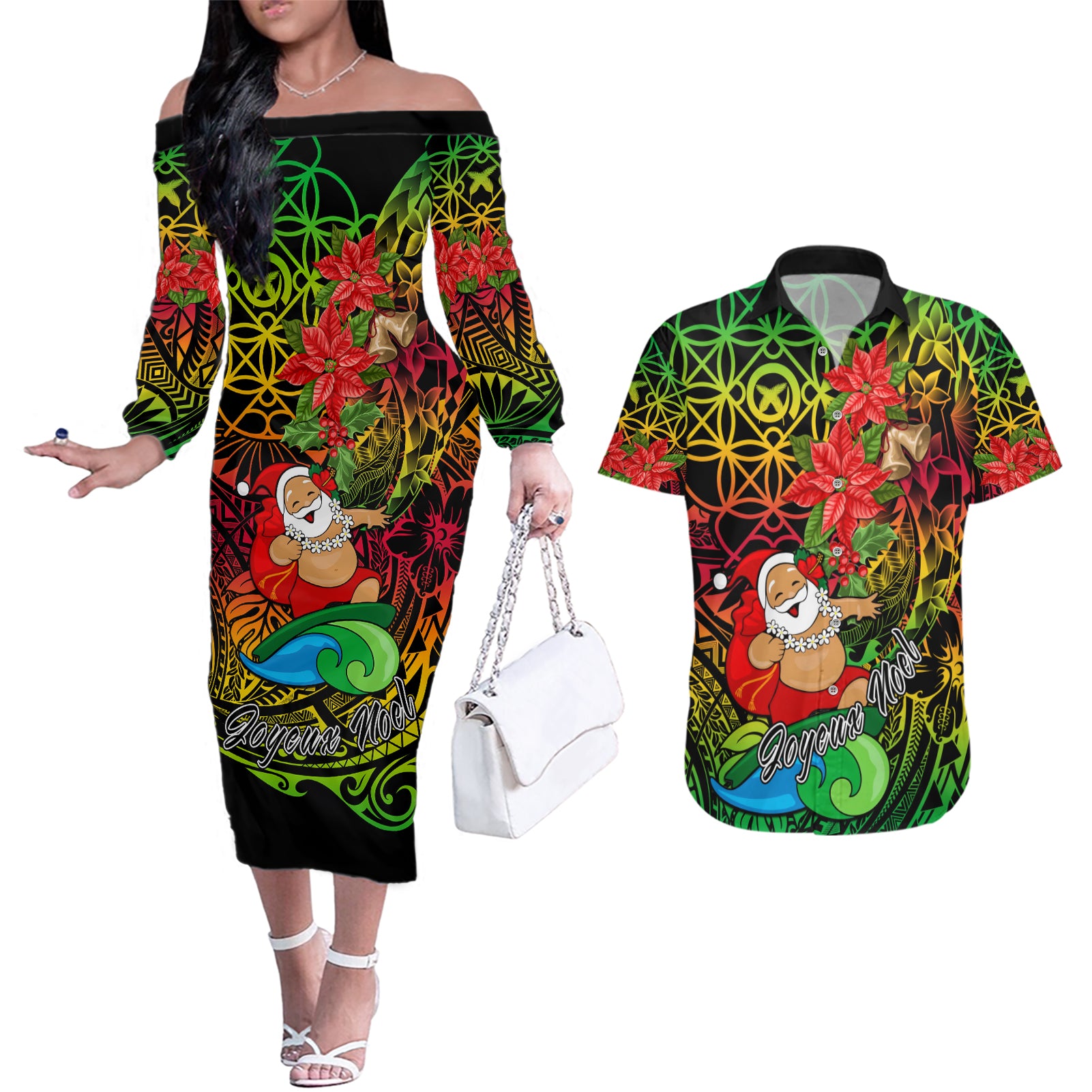 Personalised Vanuatu Joyeux Noel Couples Matching Off The Shoulder Long Sleeve Dress and Hawaiian Shirt Christmas Santas God Yumi LT9 Reggae - Polynesian Pride