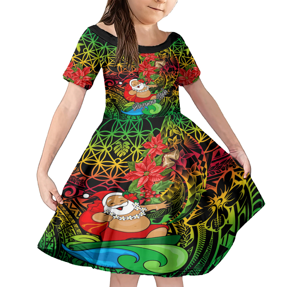 Personalised Vanuatu Joyeux Noel Kid Short Sleeve Dress Christmas Santas God Yumi LT9 KID Reggae - Polynesian Pride