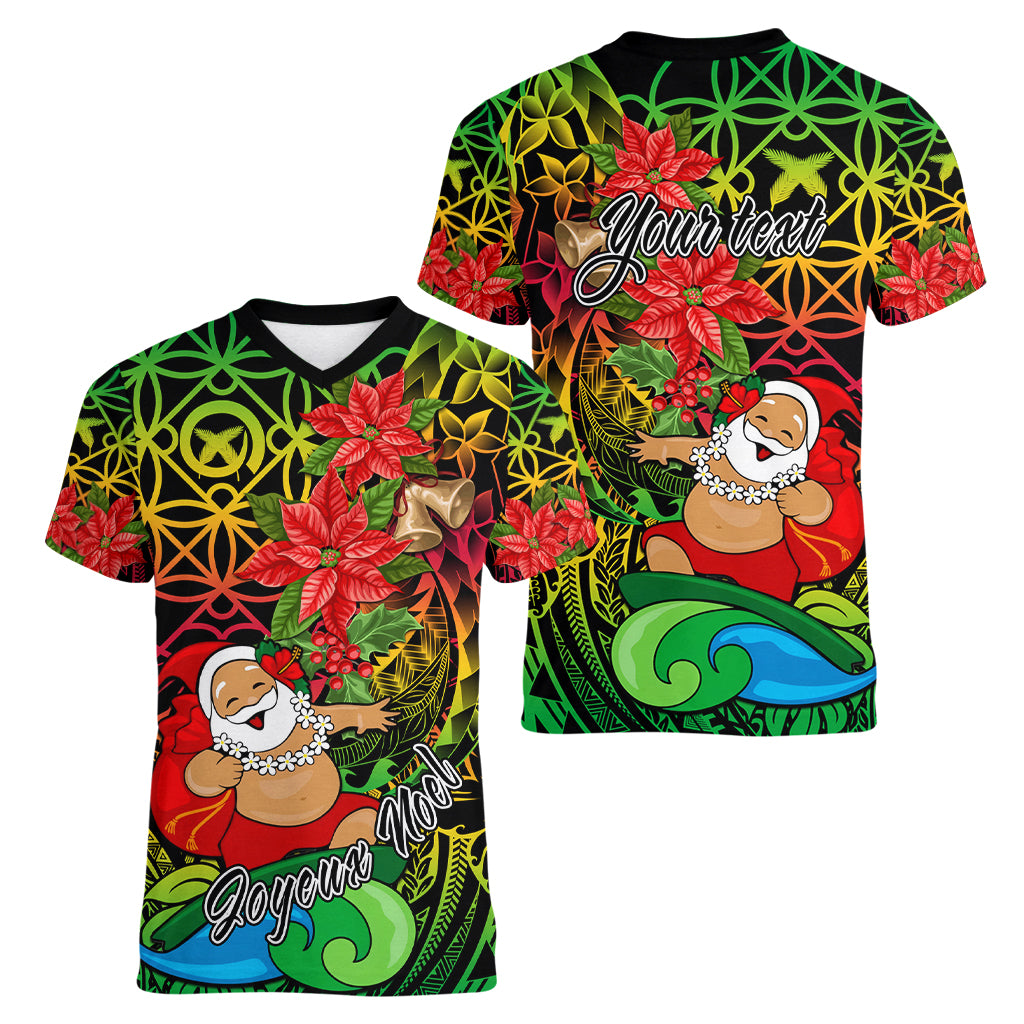 Personalised Vanuatu Joyeux Noel Women V Neck T Shirt Christmas Santas God Yumi LT9 - Polynesian Pride