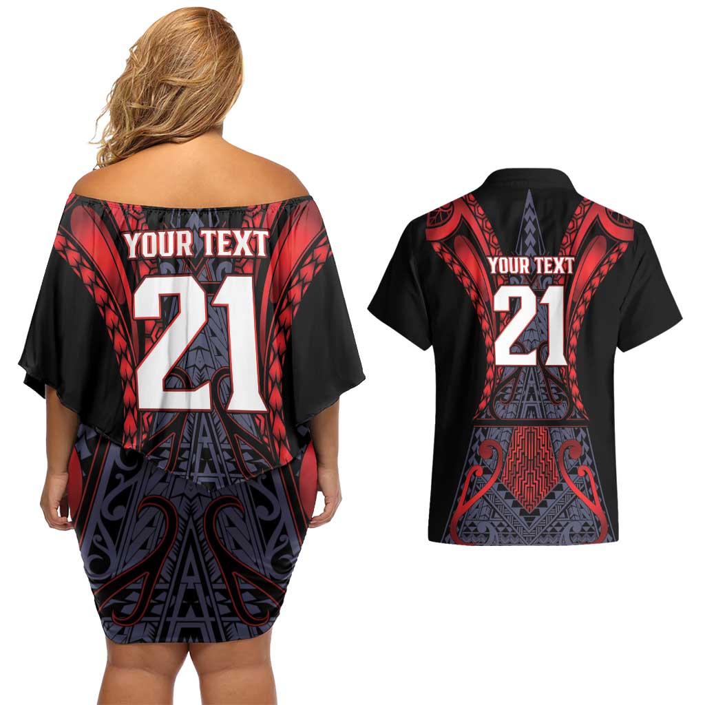 Custom New Zealand Couples Matching Off Shoulder Short Dress and Hawaiian Shirt Maori Kiwiana Pattern Tukutuku Motif