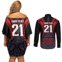 Custom New Zealand Couples Matching Off Shoulder Short Dress and Long Sleeve Button Shirt Maori Kiwiana Pattern Tukutuku Motif