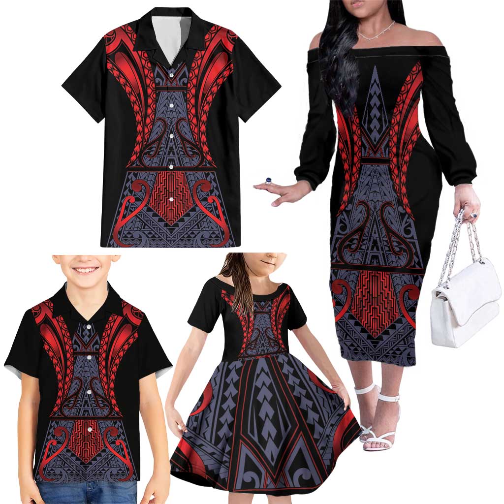 Custom New Zealand Family Matching Off The Shoulder Long Sleeve Dress and Hawaiian Shirt Maori Kiwiana Pattern Tukutuku Motif