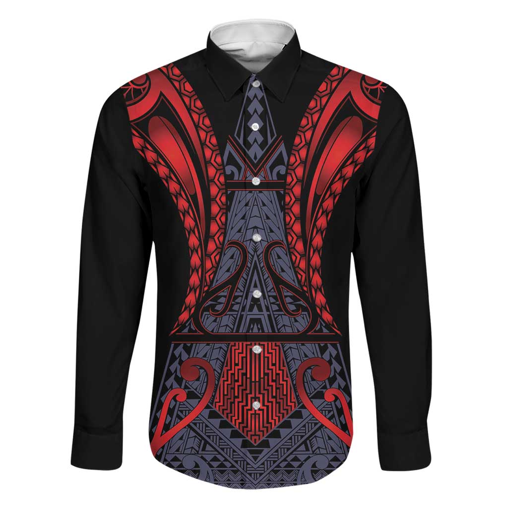 Custom New Zealand Family Matching Summer Maxi Dress and Hawaiian Shirt Maori Kiwiana Pattern Tukutuku Motif LT9 Dad's Shirt - Long Sleeve Red - Polynesian Pride