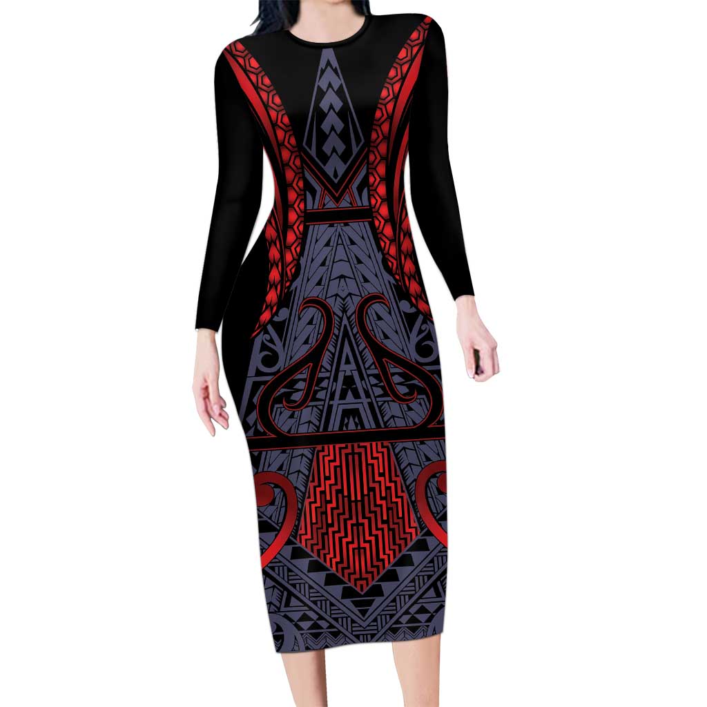 Custom New Zealand Long Sleeve Bodycon Dress Maori Kiwiana Pattern Tukutuku Motif LT9 Long Dress Red - Polynesian Pride