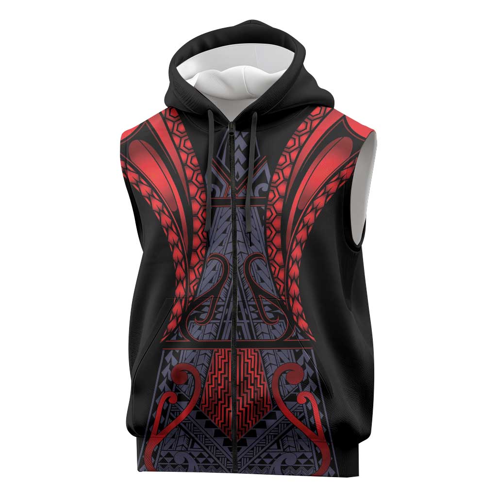 Custom New Zealand Sleeveless Zip Hoodie Maori Kiwiana Pattern Tukutuku Motif LT9 Red - Polynesian Pride