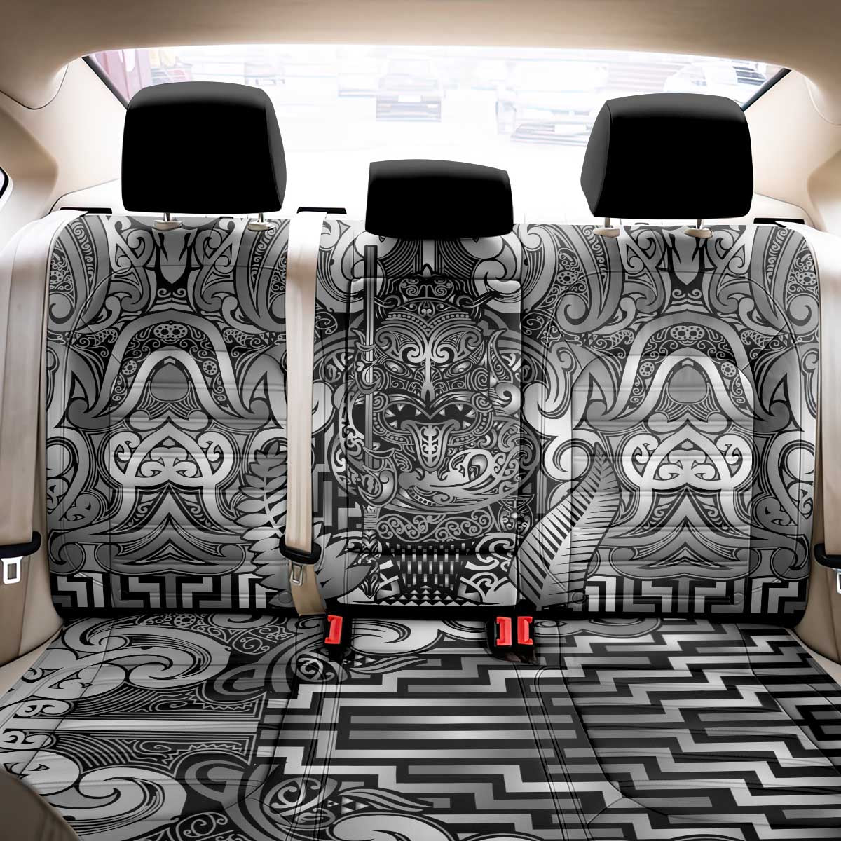 New Zealand Taiaha Maori Back Car Seat Cover Kiwikiwi Minimalist Silver Fern Tukutuku Motif