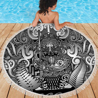 New Zealand Taiaha Maori Beach Blanket Kiwikiwi Minimalist Silver Fern Tukutuku Motif