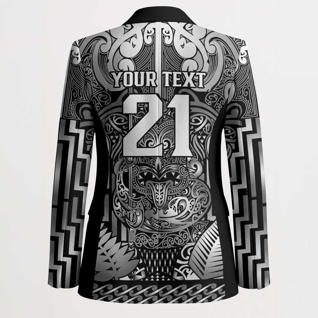 Custom New Zealand Taiaha Maori Blazer Kiwikiwi Minimalist Silver Fern Tukutuku Motif