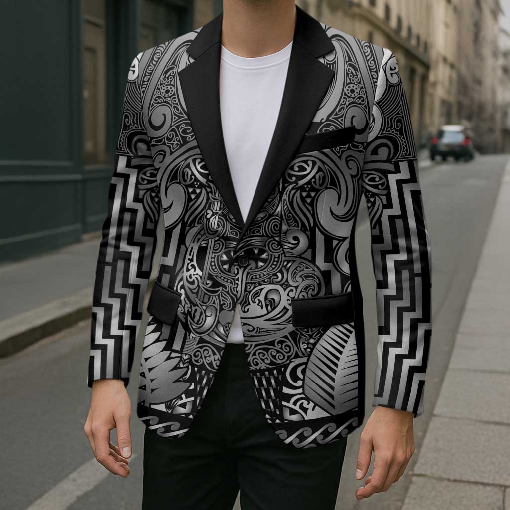 Custom New Zealand Taiaha Maori Blazer Kiwikiwi Minimalist Silver Fern Tukutuku Motif