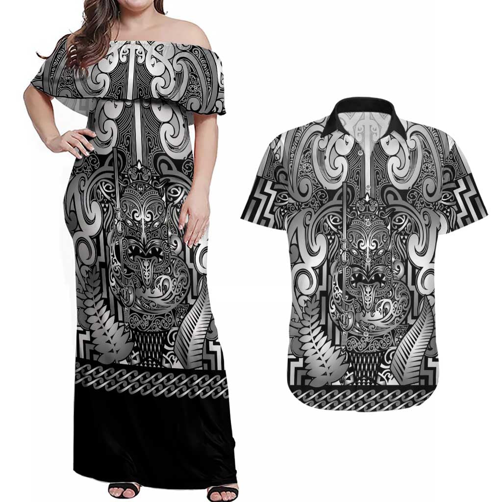 Custom New Zealand Taiaha Maori Couples Matching Off Shoulder Maxi Dress and Hawaiian Shirt Kiwikiwi Minimalist Silver Fern Tukutuku Motif LT9 White - Polynesian Pride