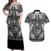 Custom New Zealand Taiaha Maori Couples Matching Off Shoulder Maxi Dress and Hawaiian Shirt Kiwikiwi Minimalist Silver Fern Tukutuku Motif LT9 White - Polynesian Pride