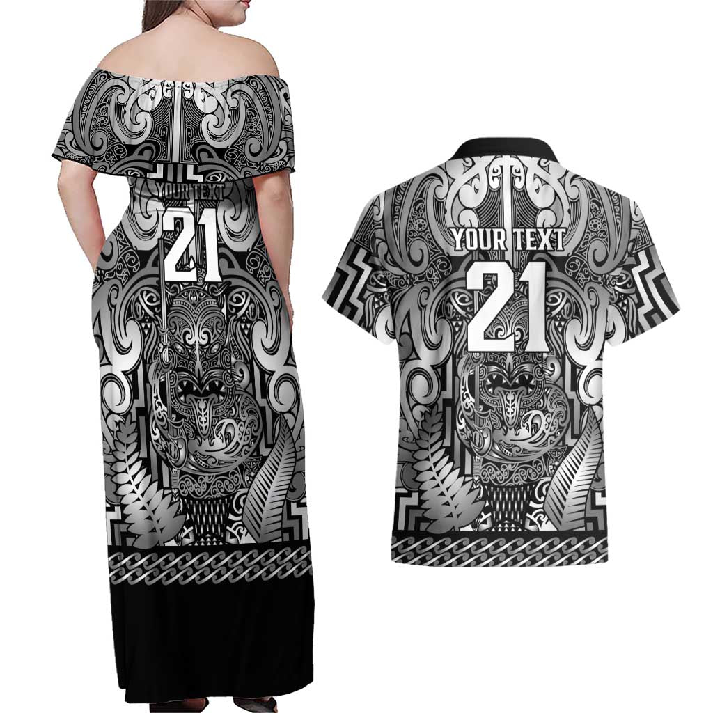 Custom New Zealand Taiaha Maori Couples Matching Off Shoulder Maxi Dress and Hawaiian Shirt Kiwikiwi Minimalist Silver Fern Tukutuku Motif LT9 - Polynesian Pride