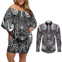 Custom New Zealand Taiaha Maori Couples Matching Off Shoulder Short Dress and Long Sleeve Button Shirt Kiwikiwi Minimalist Silver Fern Tukutuku Motif