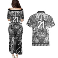 Custom New Zealand Taiaha Maori Couples Matching Puletasi and Hawaiian Shirt Kiwikiwi Minimalist Silver Fern Tukutuku Motif