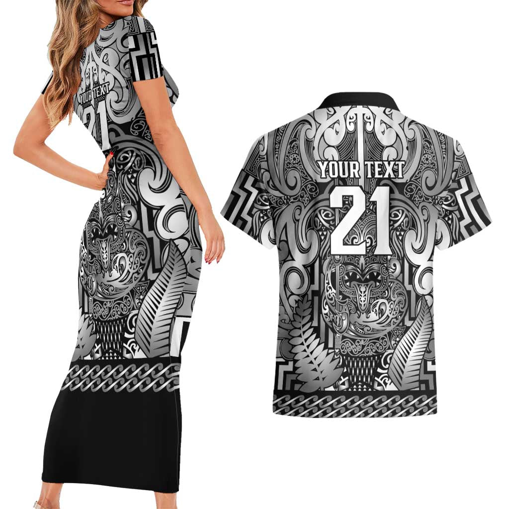 Custom New Zealand Taiaha Maori Couples Matching Short Sleeve Bodycon Dress and Hawaiian Shirt Kiwikiwi Minimalist Silver Fern Tukutuku Motif