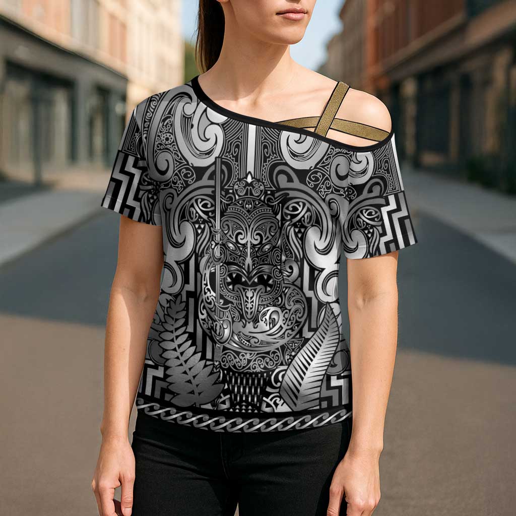Custom New Zealand Taiaha Maori Cross Shoulder Shirt Kiwikiwi Minimalist Silver Fern Tukutuku Motif