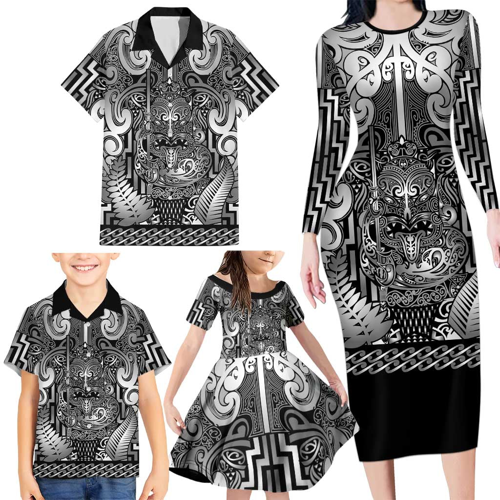 Custom New Zealand Taiaha Maori Family Matching Long Sleeve Bodycon Dress and Hawaiian Shirt Kiwikiwi Minimalist Silver Fern Tukutuku Motif LT9 - Polynesian Pride