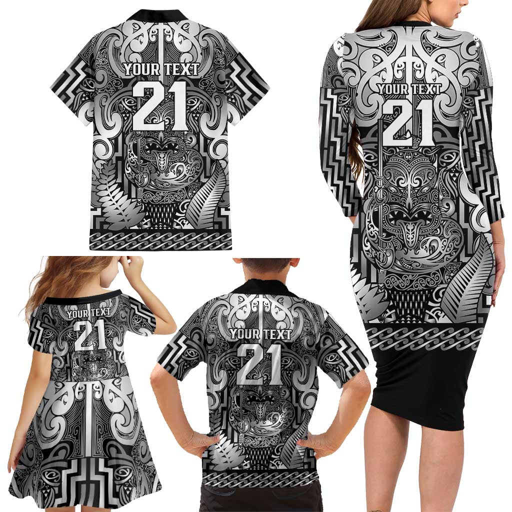 Custom New Zealand Taiaha Maori Family Matching Long Sleeve Bodycon Dress and Hawaiian Shirt Kiwikiwi Minimalist Silver Fern Tukutuku Motif LT9 - Polynesian Pride
