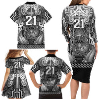 Custom New Zealand Taiaha Maori Family Matching Long Sleeve Bodycon Dress and Hawaiian Shirt Kiwikiwi Minimalist Silver Fern Tukutuku Motif LT9 - Polynesian Pride