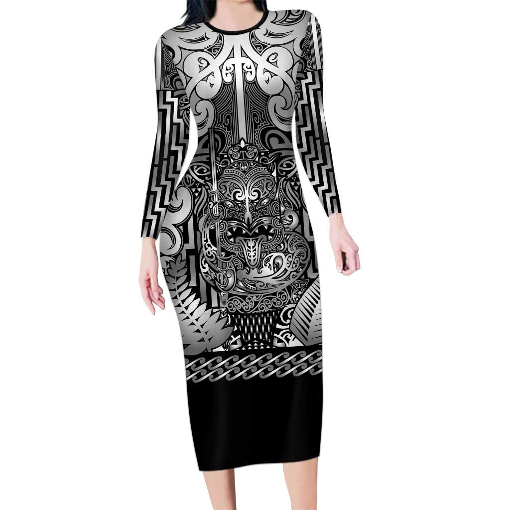 Custom New Zealand Taiaha Maori Family Matching Long Sleeve Bodycon Dress and Hawaiian Shirt Kiwikiwi Minimalist Silver Fern Tukutuku Motif LT9 Mom's Dress White - Polynesian Pride