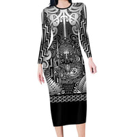 Custom New Zealand Taiaha Maori Family Matching Long Sleeve Bodycon Dress and Hawaiian Shirt Kiwikiwi Minimalist Silver Fern Tukutuku Motif LT9 Mom's Dress White - Polynesian Pride