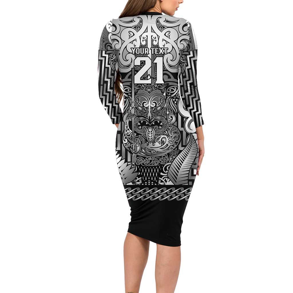 Custom New Zealand Taiaha Maori Family Matching Long Sleeve Bodycon Dress and Hawaiian Shirt Kiwikiwi Minimalist Silver Fern Tukutuku Motif LT9 - Polynesian Pride