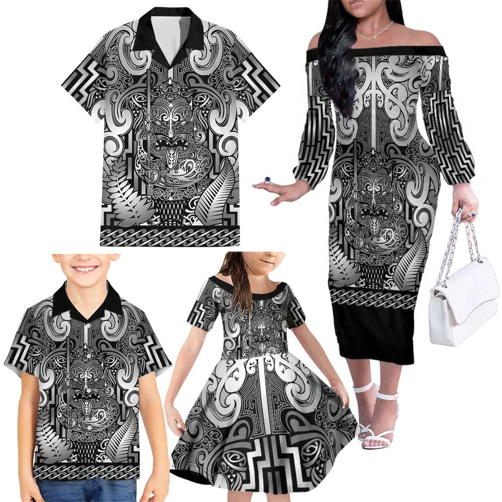 Custom New Zealand Taiaha Maori Family Matching Off The Shoulder Long Sleeve Dress and Hawaiian Shirt Kiwikiwi Minimalist Silver Fern Tukutuku Motif LT9 - Polynesian Pride