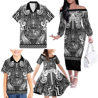 Custom New Zealand Taiaha Maori Family Matching Off The Shoulder Long Sleeve Dress and Hawaiian Shirt Kiwikiwi Minimalist Silver Fern Tukutuku Motif LT9 - Polynesian Pride