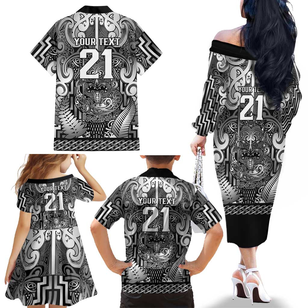Custom New Zealand Taiaha Maori Family Matching Off The Shoulder Long Sleeve Dress and Hawaiian Shirt Kiwikiwi Minimalist Silver Fern Tukutuku Motif LT9 - Polynesian Pride