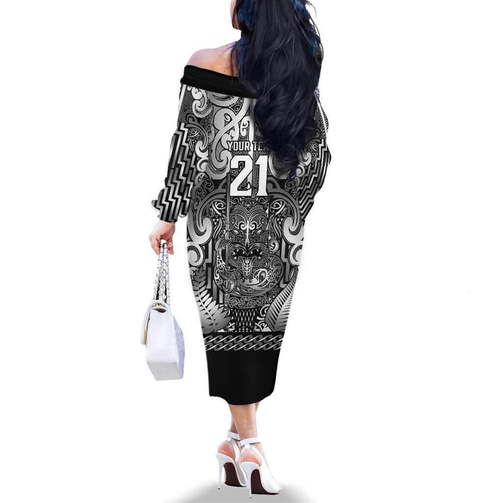 Custom New Zealand Taiaha Maori Family Matching Off The Shoulder Long Sleeve Dress and Hawaiian Shirt Kiwikiwi Minimalist Silver Fern Tukutuku Motif LT9 - Polynesian Pride