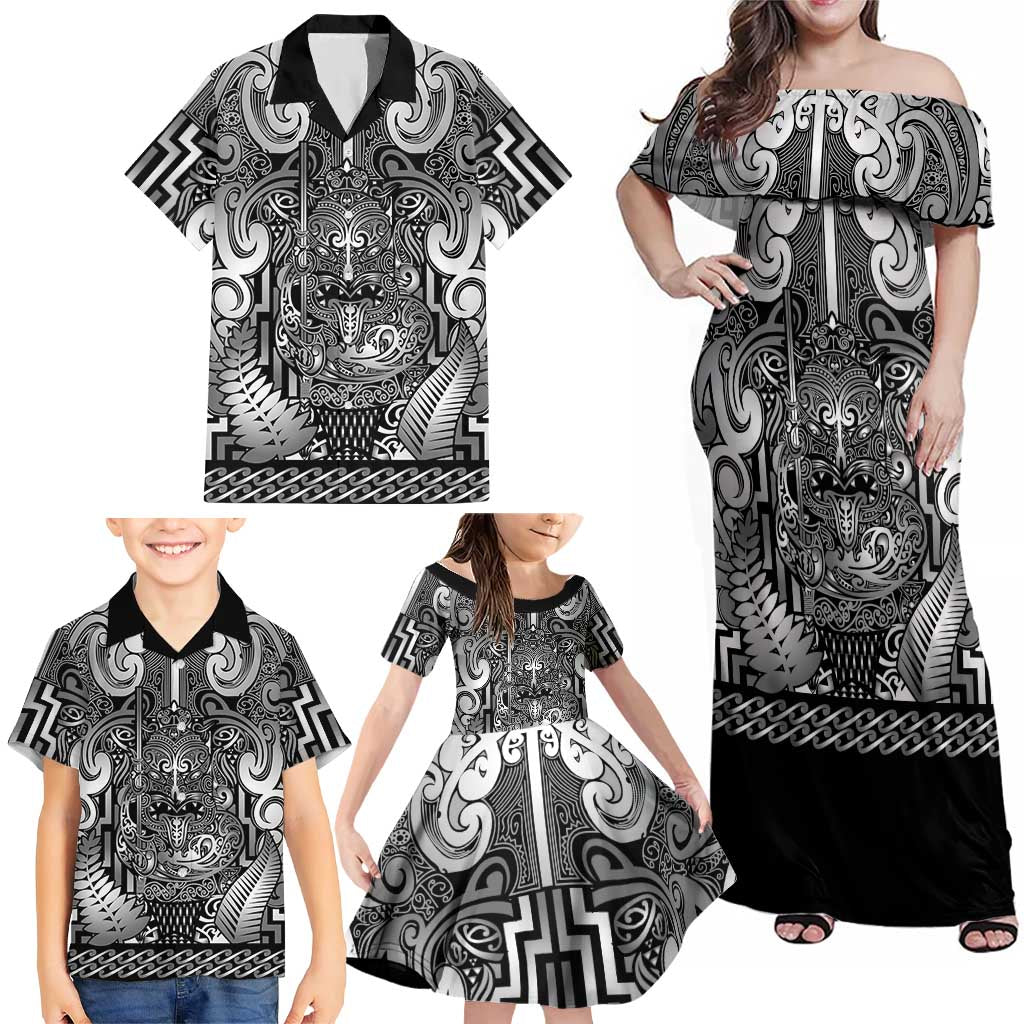 Custom New Zealand Taiaha Maori Family Matching Off Shoulder Maxi Dress and Hawaiian Shirt Kiwikiwi Minimalist Silver Fern Tukutuku Motif LT9 - Polynesian Pride