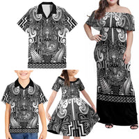 Custom New Zealand Taiaha Maori Family Matching Off Shoulder Maxi Dress and Hawaiian Shirt Kiwikiwi Minimalist Silver Fern Tukutuku Motif LT9 - Polynesian Pride