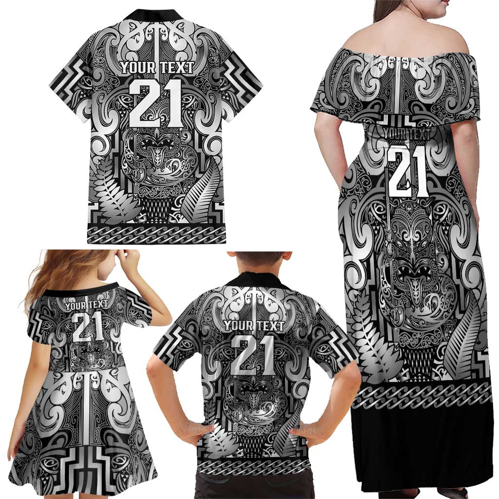 Custom New Zealand Taiaha Maori Family Matching Off Shoulder Maxi Dress and Hawaiian Shirt Kiwikiwi Minimalist Silver Fern Tukutuku Motif LT9 - Polynesian Pride
