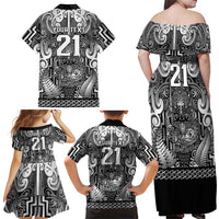 Custom New Zealand Taiaha Maori Family Matching Off Shoulder Maxi Dress and Hawaiian Shirt Kiwikiwi Minimalist Silver Fern Tukutuku Motif LT9 - Polynesian Pride
