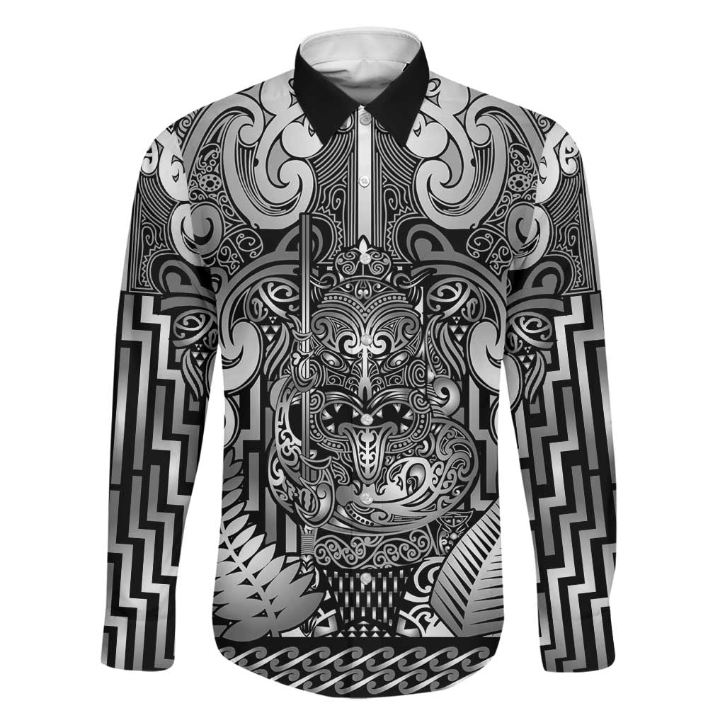 Custom New Zealand Taiaha Maori Family Matching Off Shoulder Maxi Dress and Hawaiian Shirt Kiwikiwi Minimalist Silver Fern Tukutuku Motif LT9 Dad's Shirt - Long Sleeve White - Polynesian Pride