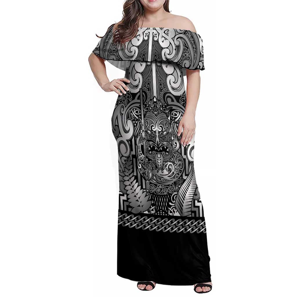 Custom New Zealand Taiaha Maori Family Matching Off Shoulder Maxi Dress and Hawaiian Shirt Kiwikiwi Minimalist Silver Fern Tukutuku Motif LT9 Mom's Dress White - Polynesian Pride