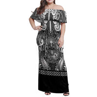 Custom New Zealand Taiaha Maori Family Matching Off Shoulder Maxi Dress and Hawaiian Shirt Kiwikiwi Minimalist Silver Fern Tukutuku Motif LT9 Mom's Dress White - Polynesian Pride
