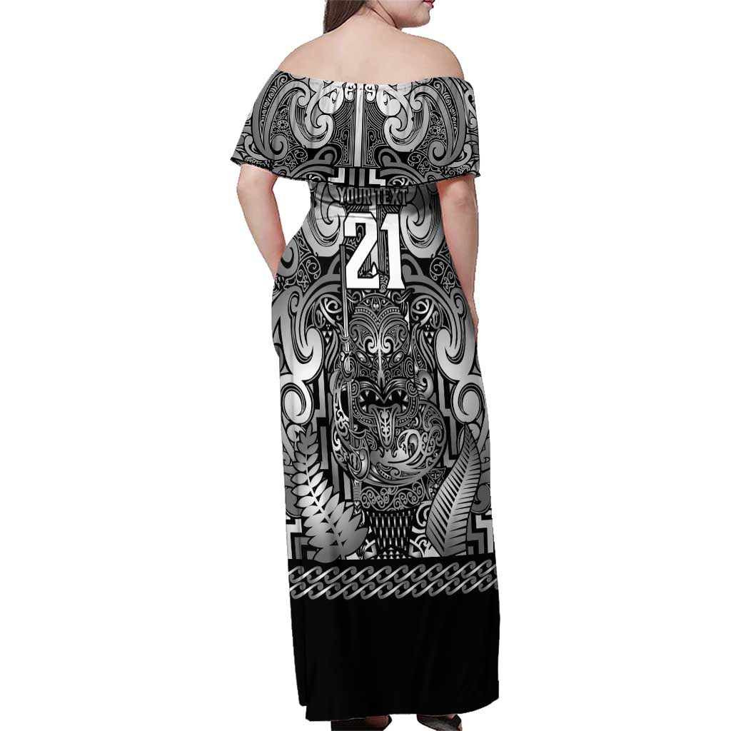 Custom New Zealand Taiaha Maori Family Matching Off Shoulder Maxi Dress and Hawaiian Shirt Kiwikiwi Minimalist Silver Fern Tukutuku Motif LT9 - Polynesian Pride