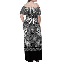 Custom New Zealand Taiaha Maori Family Matching Off Shoulder Maxi Dress and Hawaiian Shirt Kiwikiwi Minimalist Silver Fern Tukutuku Motif LT9 - Polynesian Pride