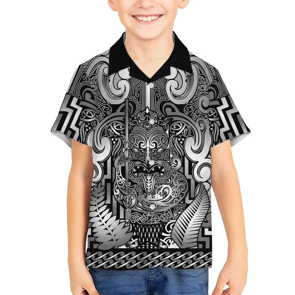 Custom New Zealand Taiaha Maori Family Matching Off Shoulder Maxi Dress and Hawaiian Shirt Kiwikiwi Minimalist Silver Fern Tukutuku Motif LT9 Son's Shirt White - Polynesian Pride